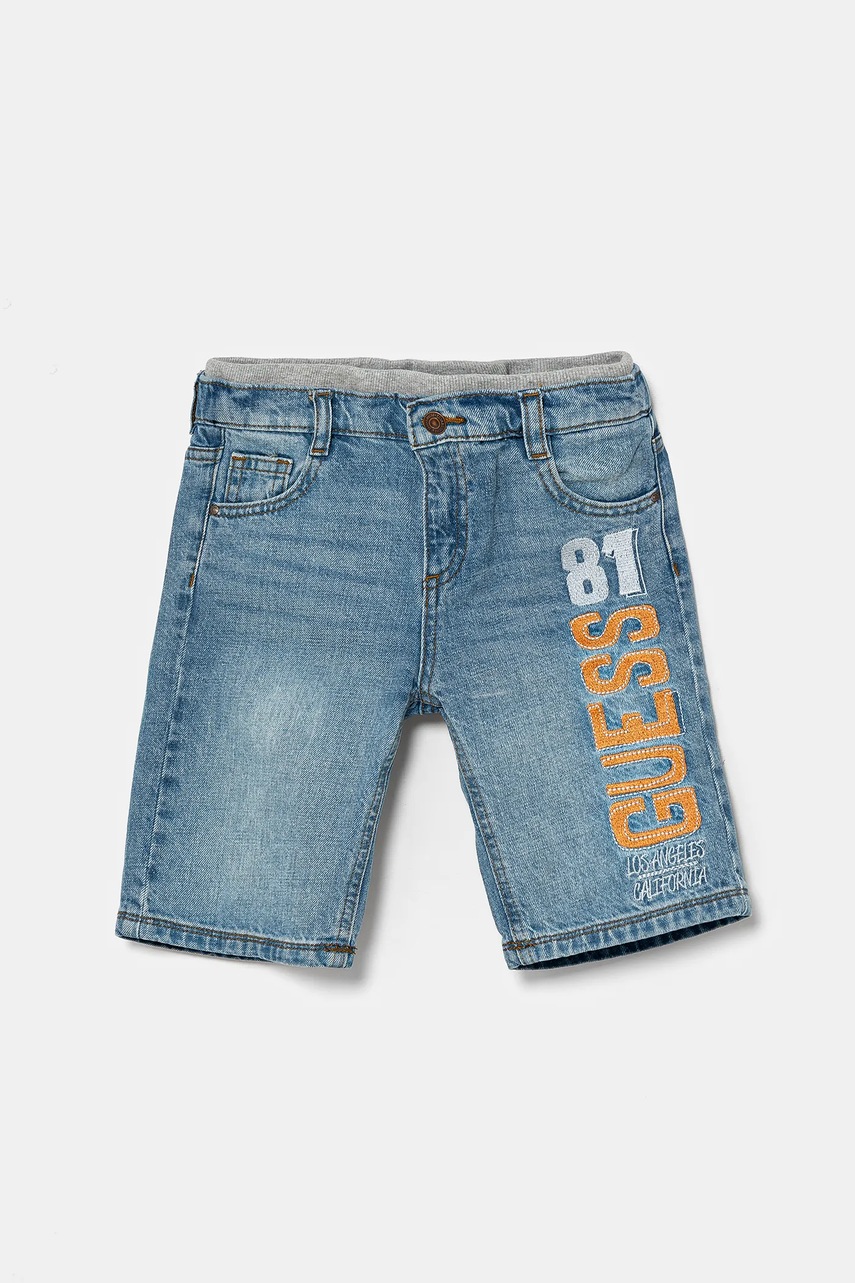 Levně Dětské riflové kraťasy Guess tmavomodrá barva, nastavitelný pas, N5GD01 D41E0