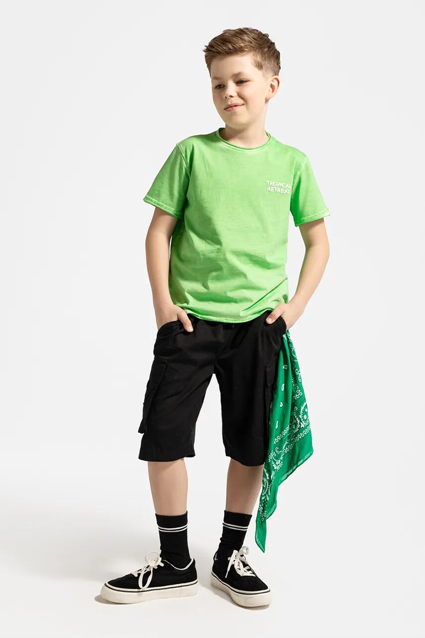 Coccodrillo pantaloni scurți din bumbac pentru copii culoarea negru, talie reglabilă, TROPICAL STORY BOY JUNIOR