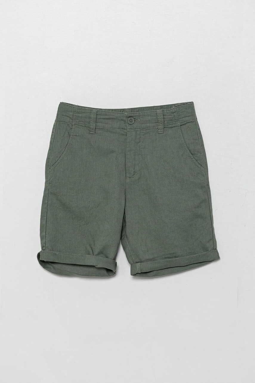 United Colors of Benetton pantaloni scurți de in pentru copii culoarea verde, talie reglabila, 43WBC901E
