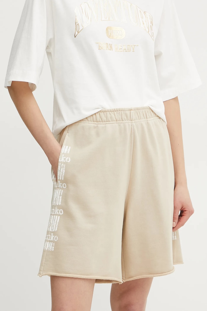 Levně Bavlněné šortky Pinko dámské, béžová barva, s potiskem, high waist, 104619 A2CV