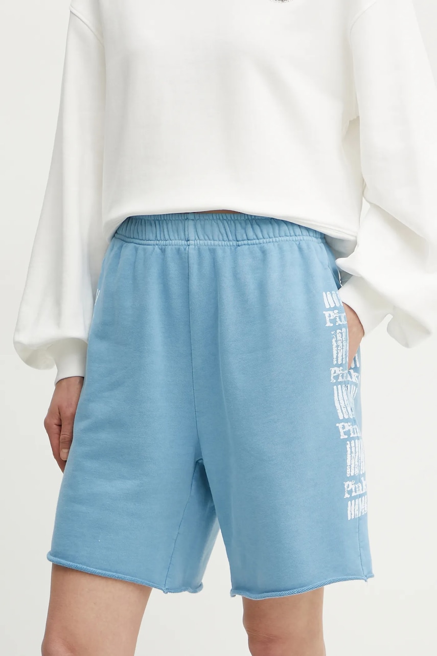 Levně Bavlněné šortky Pinko dámské, modrá barva, s potiskem, high waist, 104619 A2CV