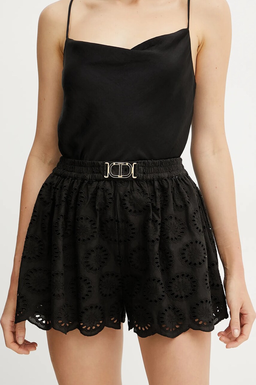 Levně Bavlněné šortky Twinset dámské, černá barva, vzorované, high waist, 251TT2363