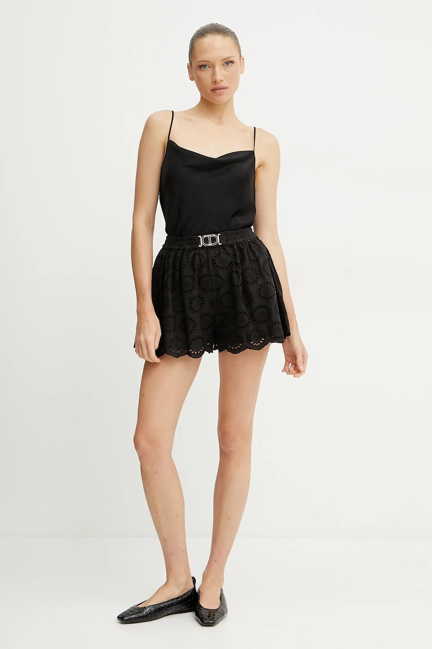 Хлопковые шорты Twinset женские цвет чёрный с узором высокая посадка 251TT2363 Хлопковые шорты Twinset женские цвет чёрный с узором высокая посадка 251TT2363