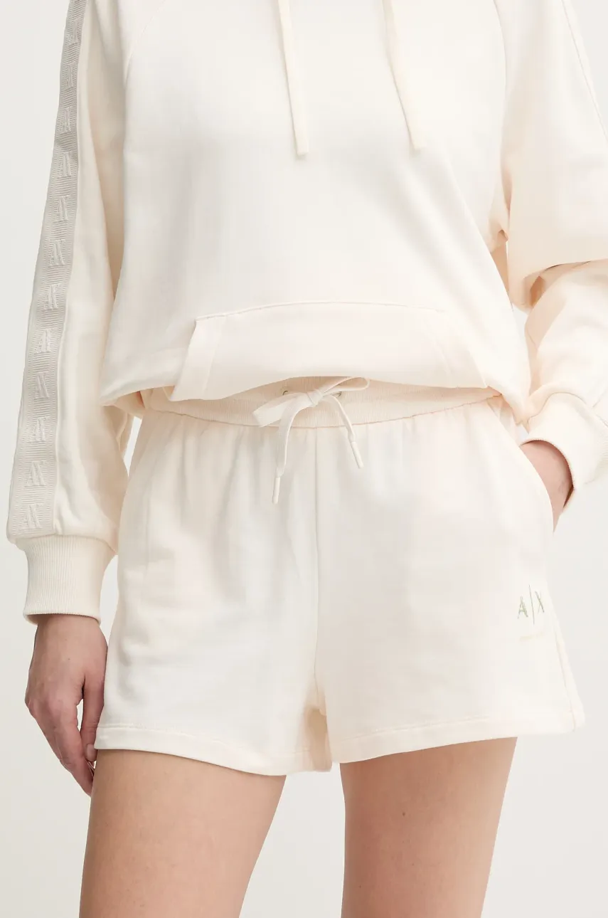 Levně Bavlněné šortky Armani Exchange dámské, béžová barva, s potiskem, high waist, XW000498 AF12739