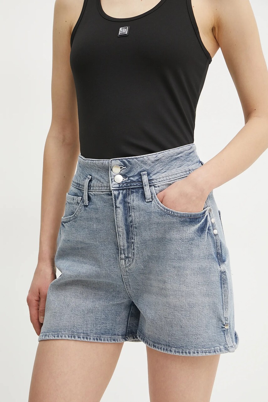 Levně Džínové šortky Armani Exchange dámské, modrá barva, hladké, high waist, XW001053 AF12090