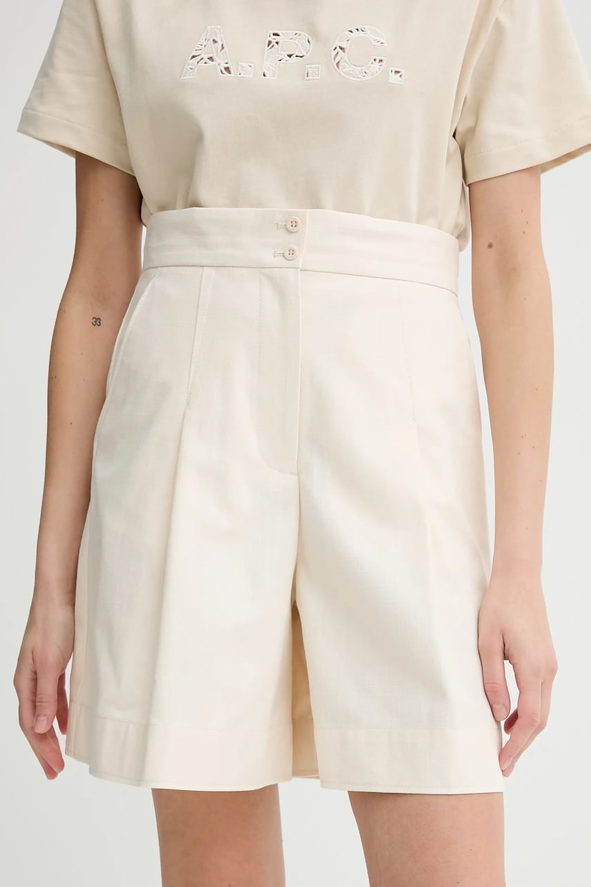 A.P.C. pantaloni scurți din bumbac short orlane femei, culoarea bej, uni, high waist, COHFU.F10214 A.P.C. pantaloni scurți din bumbac short orlane femei, culoarea bej, uni, high waist, COHFU.F10214