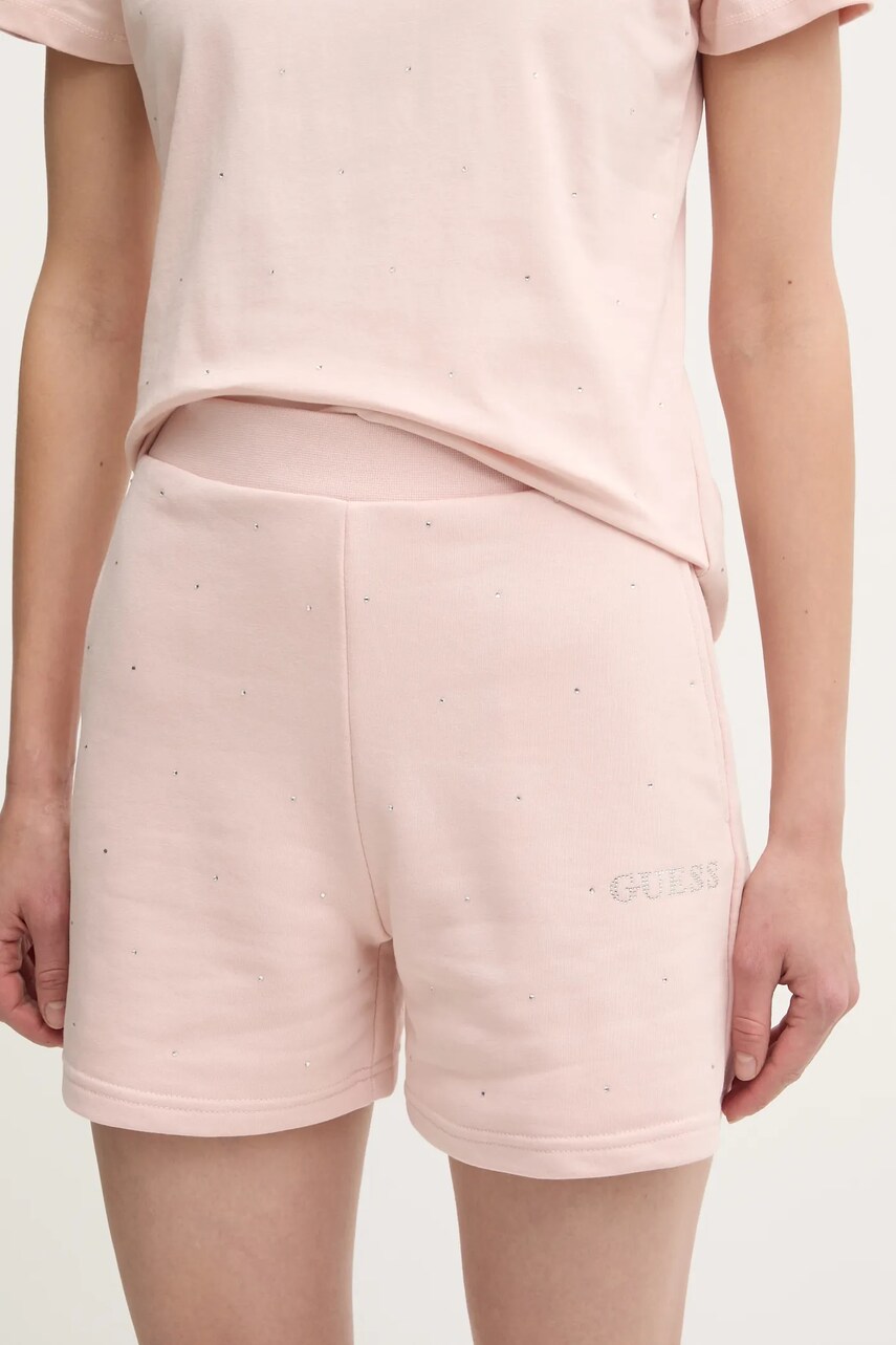 Levně Kraťasy Guess RHINESTONES dámské, růžová barva, s aplikací, high waist, V5RD03 KCLJ0