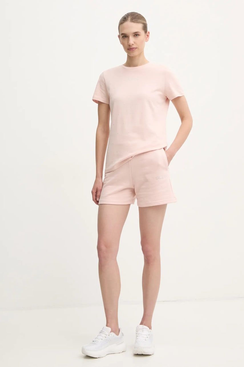 Шорты Guess RHINESTONES женские цвет розовый с аппликацией высокая посадка V5RD03 KCLJ0 Шорты Guess RHINESTONES женские цвет розовый с аппликацией высокая посадка V5RD03 KCLJ0