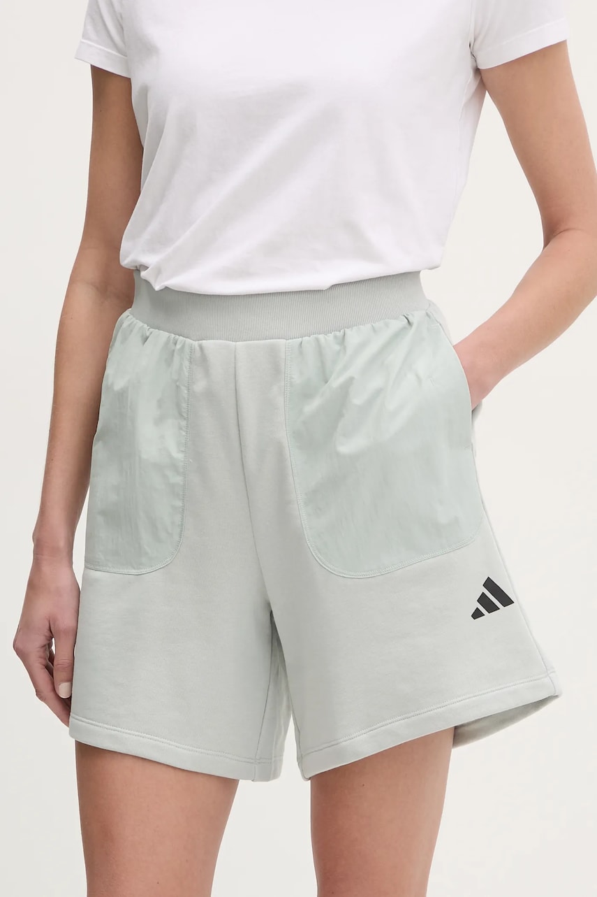 adidas pantaloni scurți City Escape femei, culoarea gri, uni, high waist, JC5108 adidas pantaloni scurți City Escape femei, culoarea gri, uni, high waist, JC5108