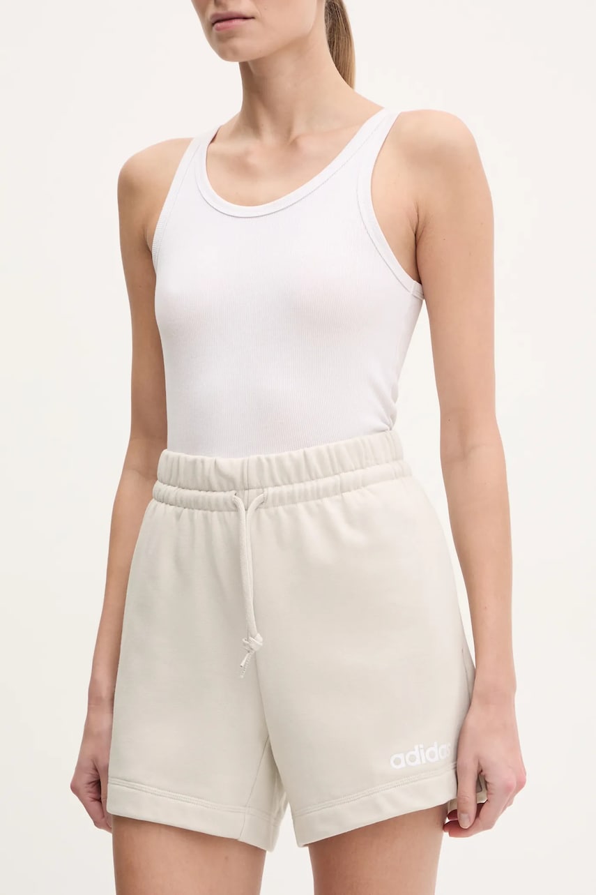 adidas pantaloni scurți Essentials Linear femei, culoarea bej, cu imprimeu, high waist, JD3170 adidas pantaloni scurți Essentials Linear femei, culoarea bej, cu imprimeu, high waist, JD3170