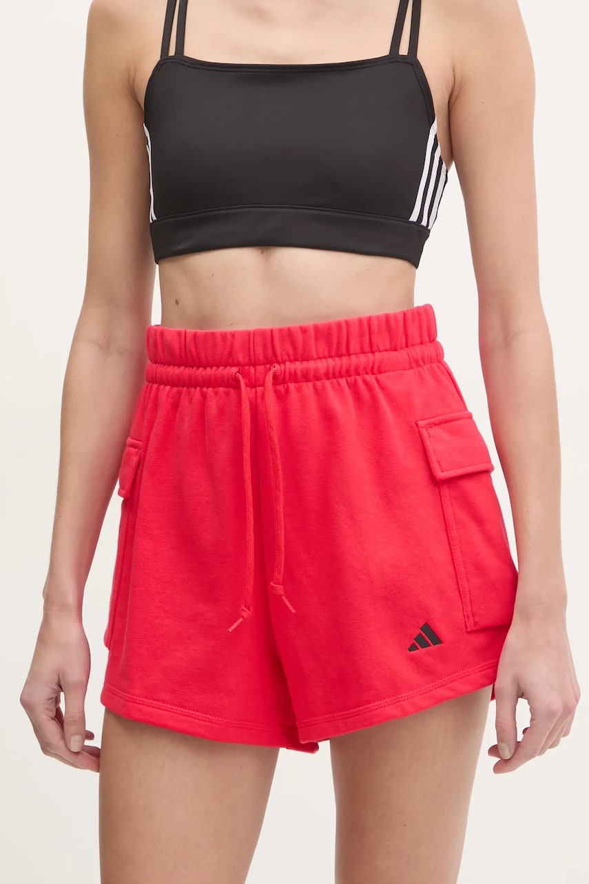 adidas pantaloni scurti Essentials femei, culoarea rosu, cu imprimeu, medium waist, JC5704 adidas pantaloni scurti Essentials femei, culoarea rosu, cu imprimeu, medium waist, JC5704