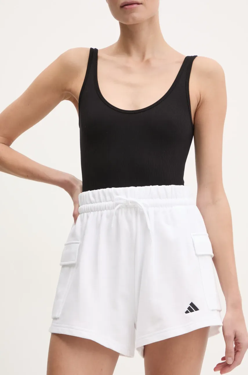 adidas pantaloni scurți Essentials femei, culoarea alb, uni, high waist, JD9945