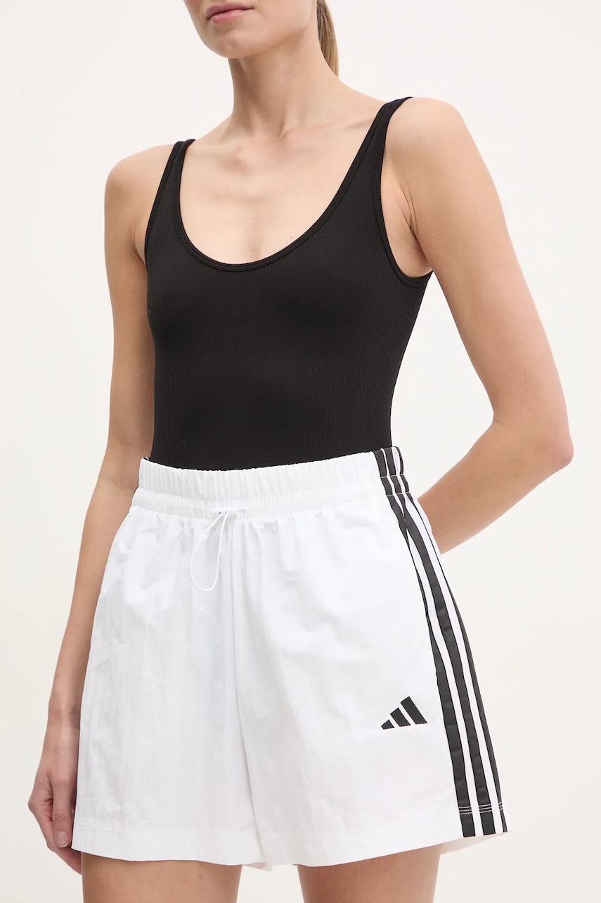 adidas pantaloni scurți Essentials femei, culoarea alb, cu imprimeu, high waist, JE1310 adidas pantaloni scurți Essentials femei, culoarea alb, cu imprimeu, high waist, JE1310