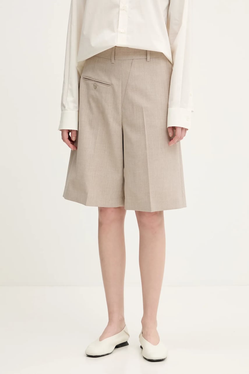 MM6 Maison Margiela pantaloni scurți din lână femei, culoarea bej, neted, high waist, S52MU0125 MM6 Maison Margiela pantaloni scurți din lână femei, culoarea bej, neted, high waist, S52MU0125