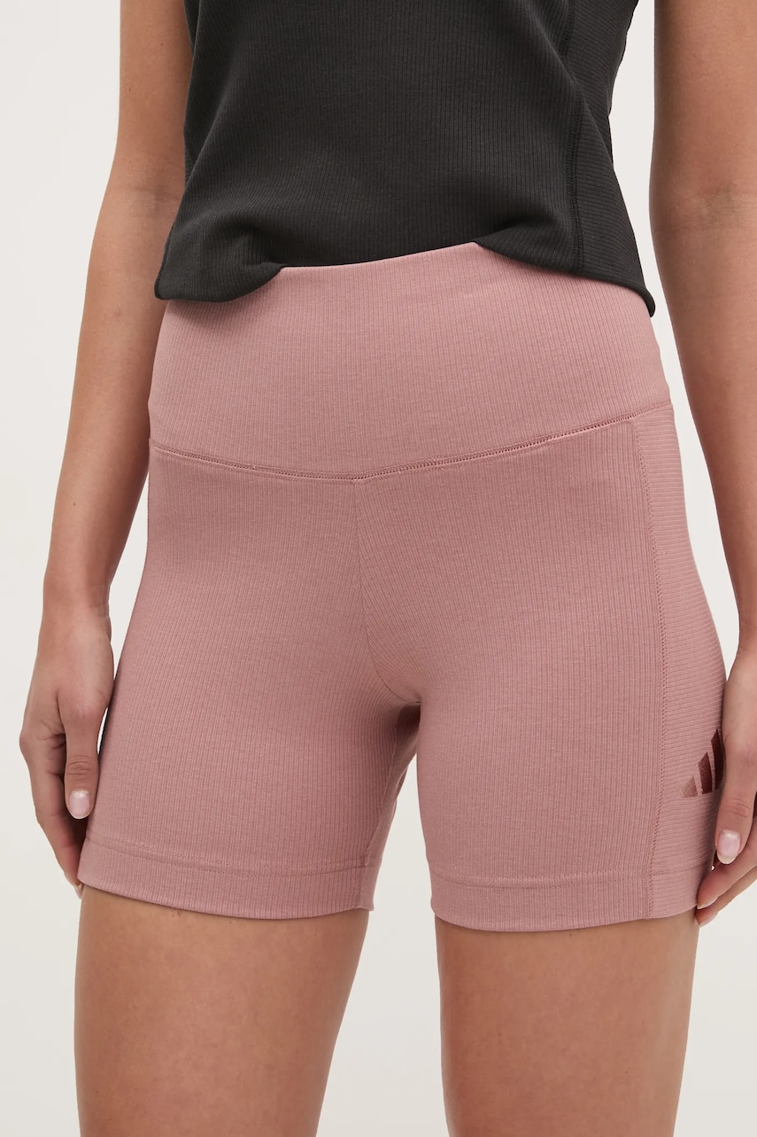 adidas pantaloni scurti ALL SZN RIB femei, culoarea roz, neted, high waist, JJ1232 adidas pantaloni scurti ALL SZN RIB femei, culoarea roz, neted, high waist, JJ1232
