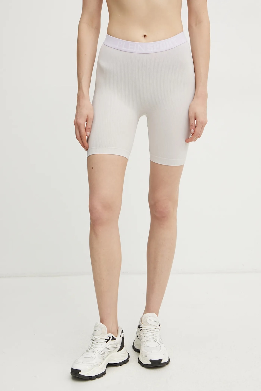 PLEIN SPORT pantaloni scurti femei, culoarea gri, cu imprimeu, high waist, SAEC WJT2058 STE003N PLEIN SPORT pantaloni scurti femei, culoarea gri, cu imprimeu, high waist, SAEC WJT2058 STE003N
