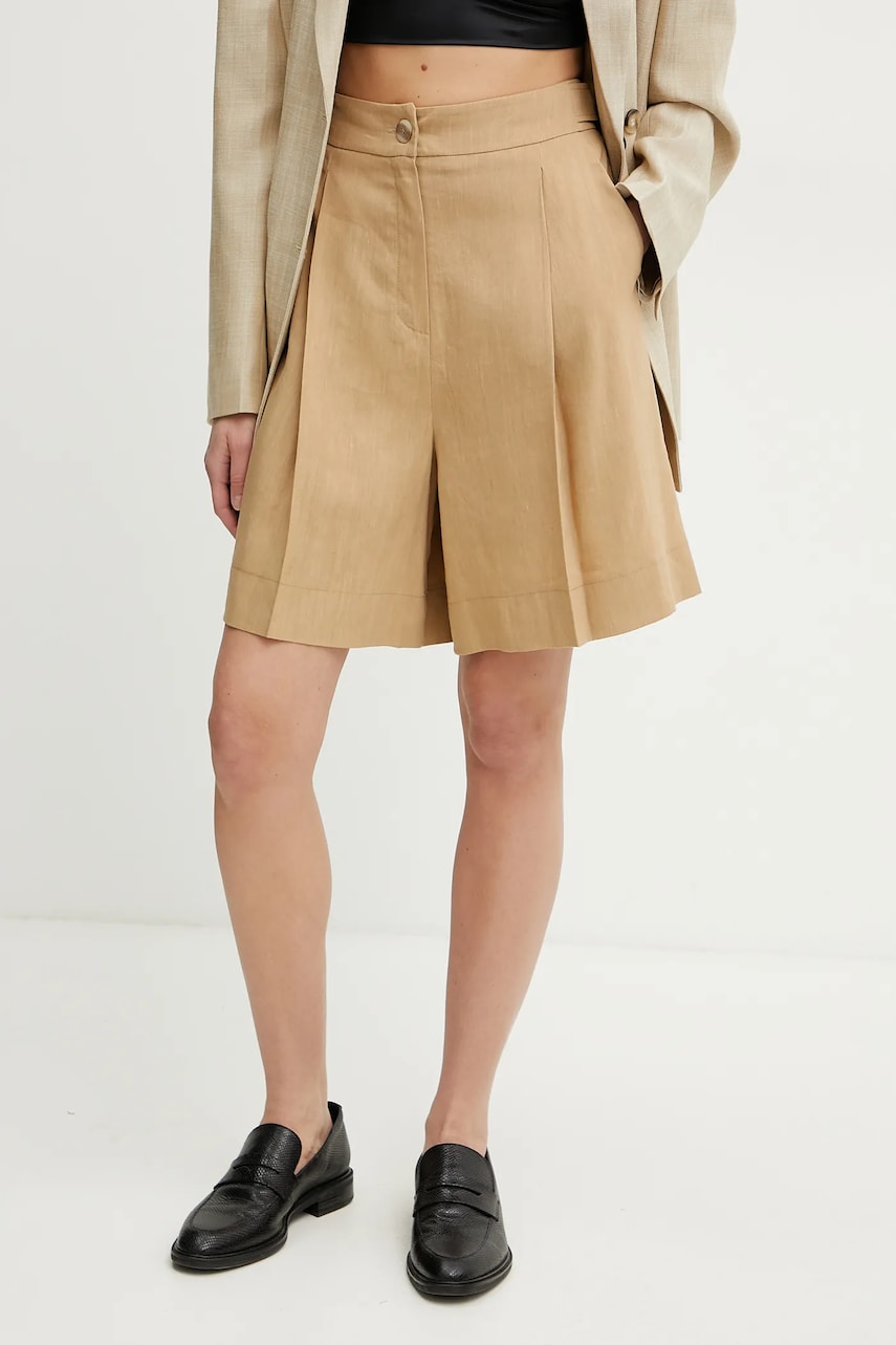 Marella pantaloni scurți din amestec de in SAGITTA femei, culoarea verde, uni, high waist, 2513141015200