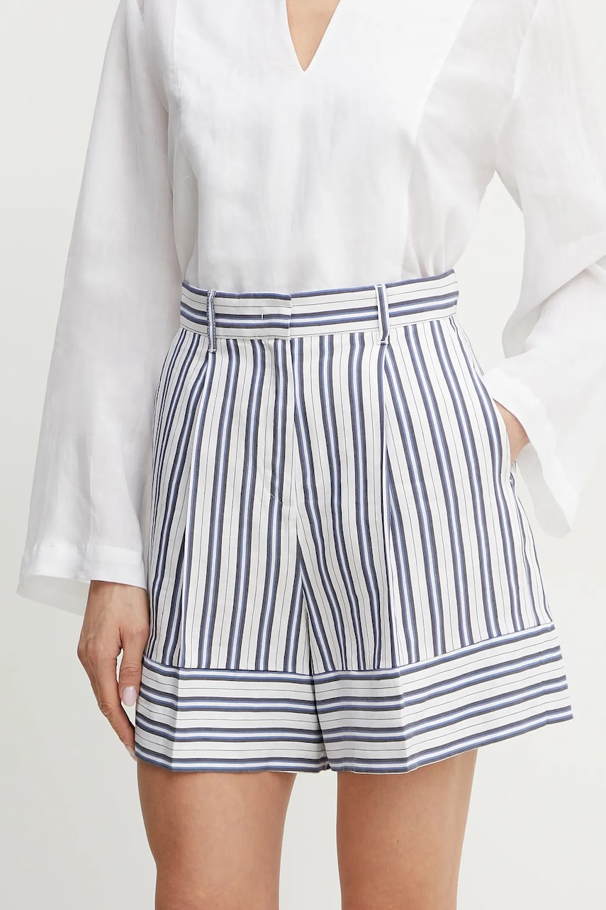 Marella pantaloni scurți din amestec de in ACUME femei, culoarea alb, cu imprimeu, high waist, 2513141034200 Marella pantaloni scurți din amestec de in ACUME femei, culoarea alb, cu imprimeu, high waist, 2513141034200