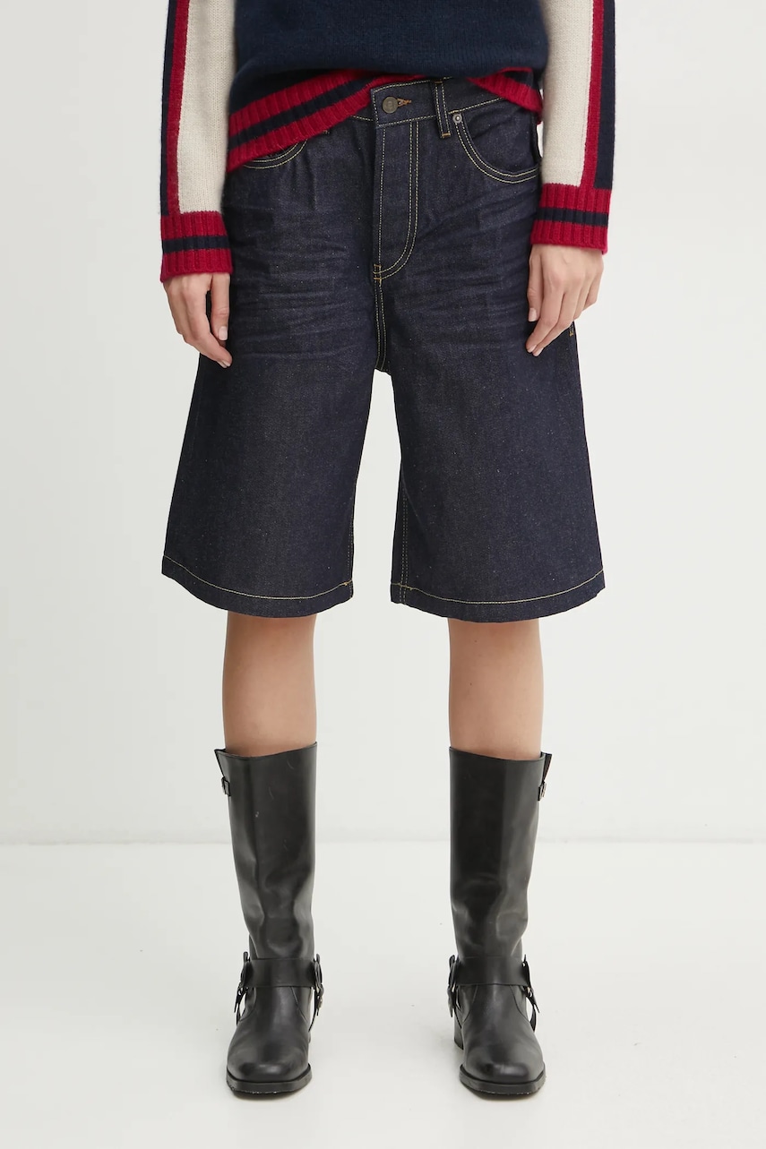 Diesel pantaloni scurti jeans DE-SIRE-SHORT SHORTS femei, culoarea albastru marin, neted, high waist, A14051.0GRDV Diesel pantaloni scurti jeans DE-SIRE-SHORT SHORTS femei, culoarea albastru marin, neted, high waist, A14051.0GRDV