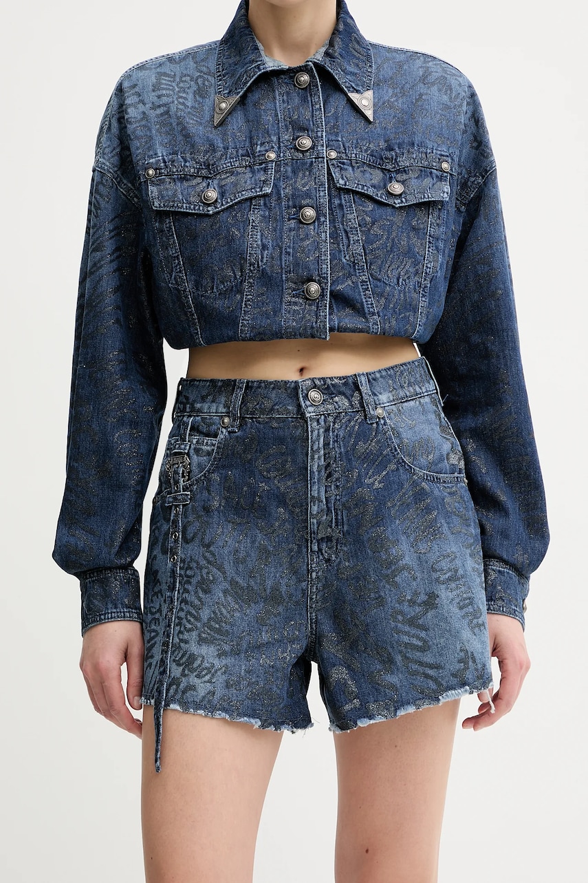 Levně Kraťasy Versace Jeans Couture dámské, tmavomodrá barva, s potiskem, high waist, 78HAD51G DS025LF1