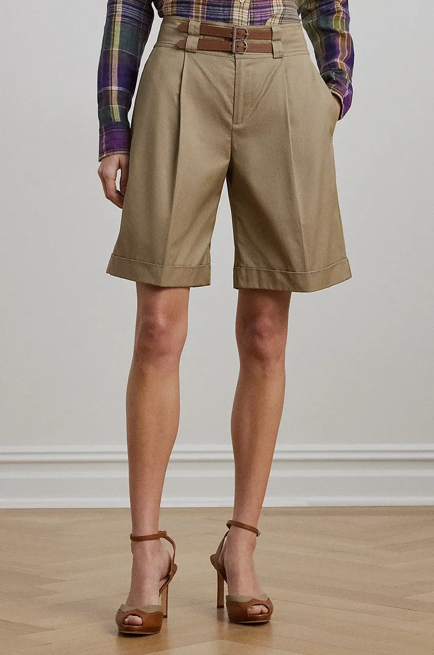 Хлопковые шорты Lauren Ralph Lauren женские цвет коричневый однотонные высокая посадка 200963835 Хлопковые шорты Lauren Ralph Lauren женские цвет коричневый однотонные высокая посадка 200963835