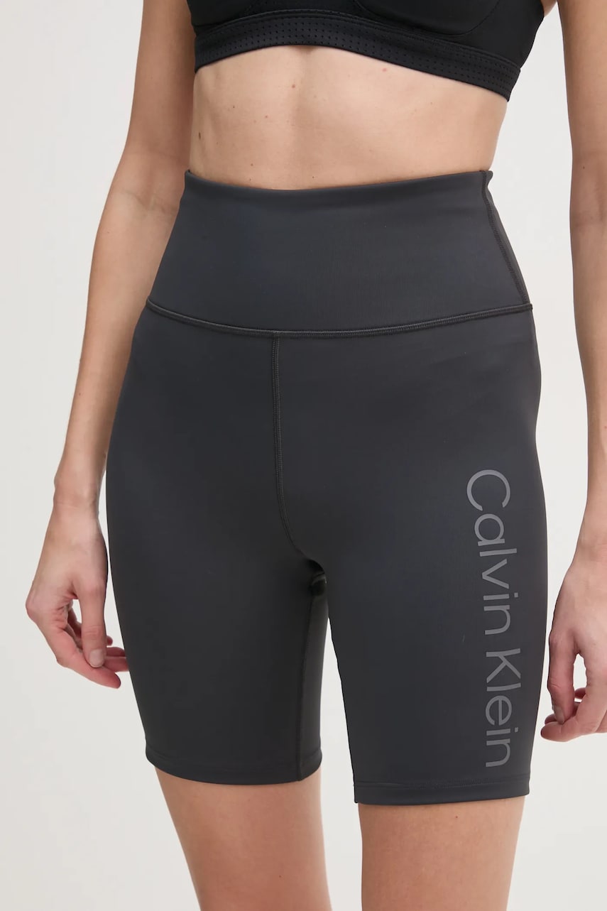 Levně Tréninkové šortky Calvin Klein Performance šedá barva, s potiskem, high waist, LVGWS5L708
