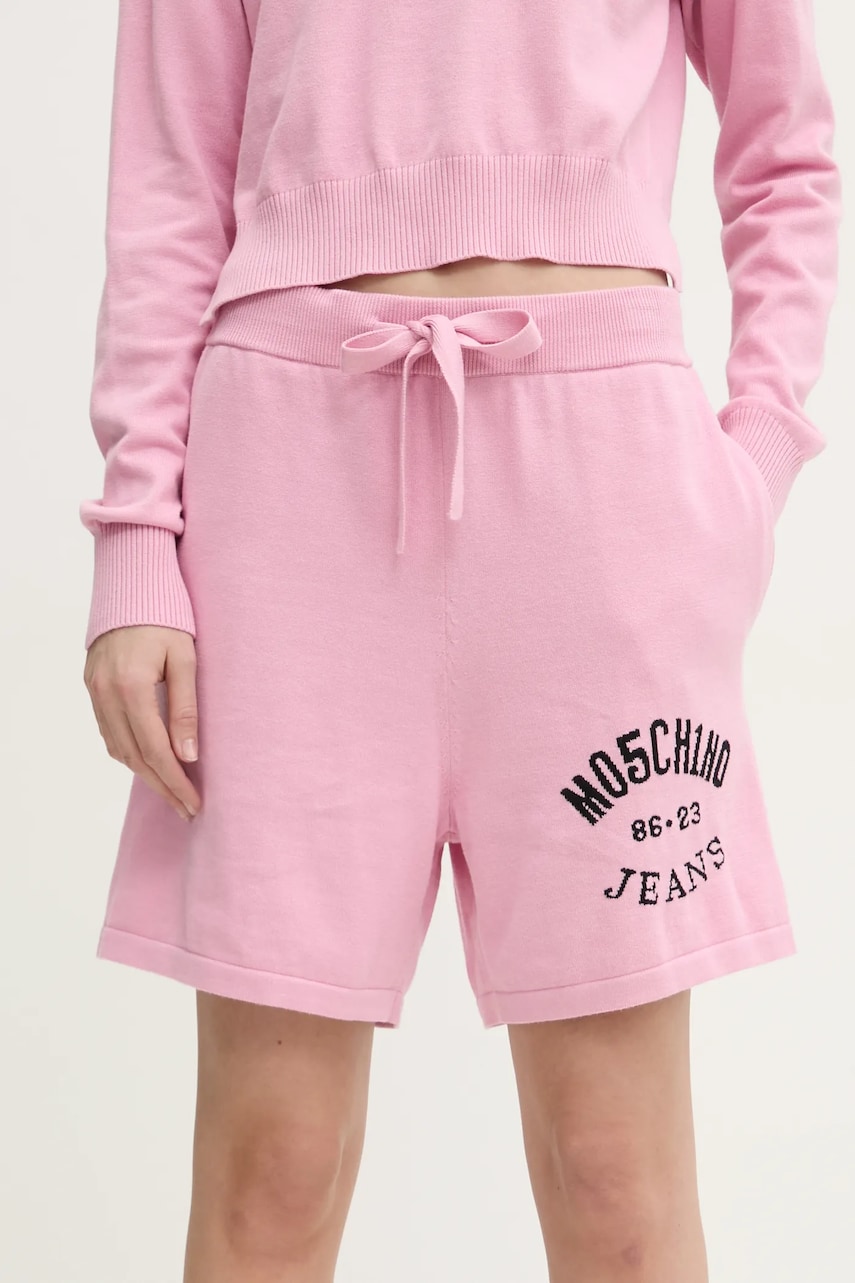 Moschino Jeans pantaloni scurti din bumbac culoarea roz, cu imprimeu, high waist, 0380 3201 Moschino Jeans pantaloni scurti din bumbac culoarea roz, cu imprimeu, high waist, 0380 3201