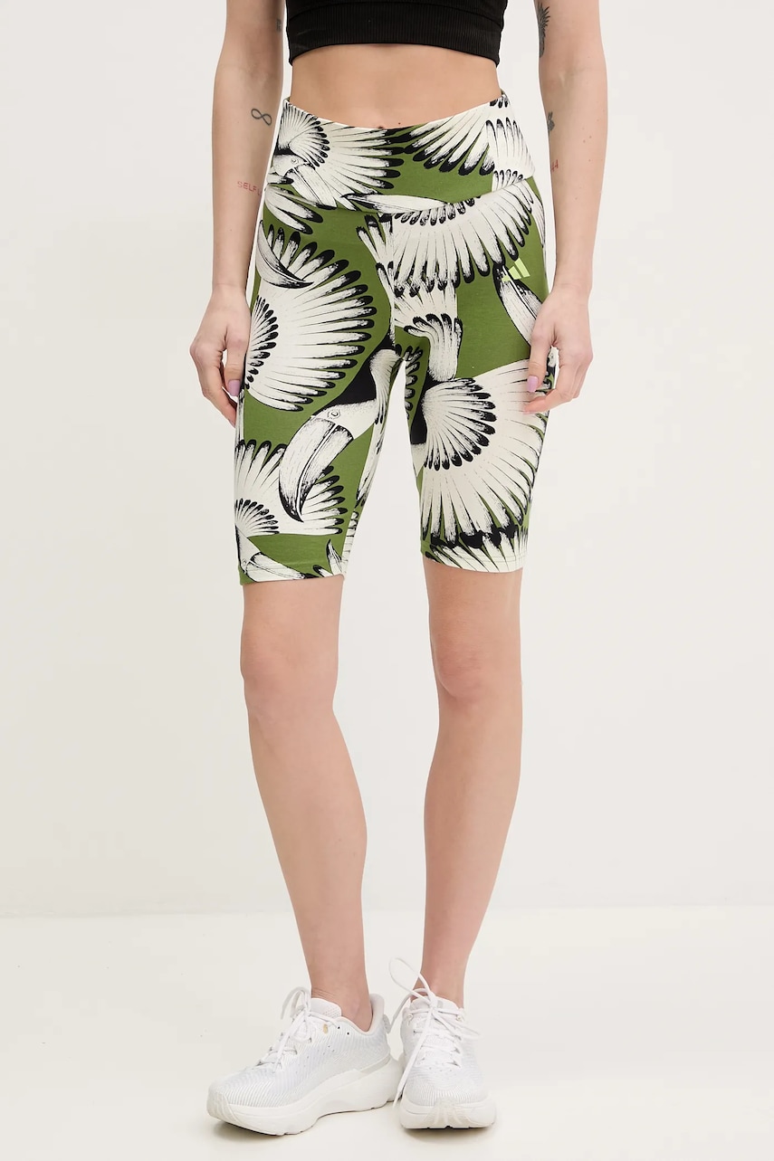 adidas pantaloni scurți x Farm Rio femei, culoarea verde, cu imprimeu, high waist, JD6286