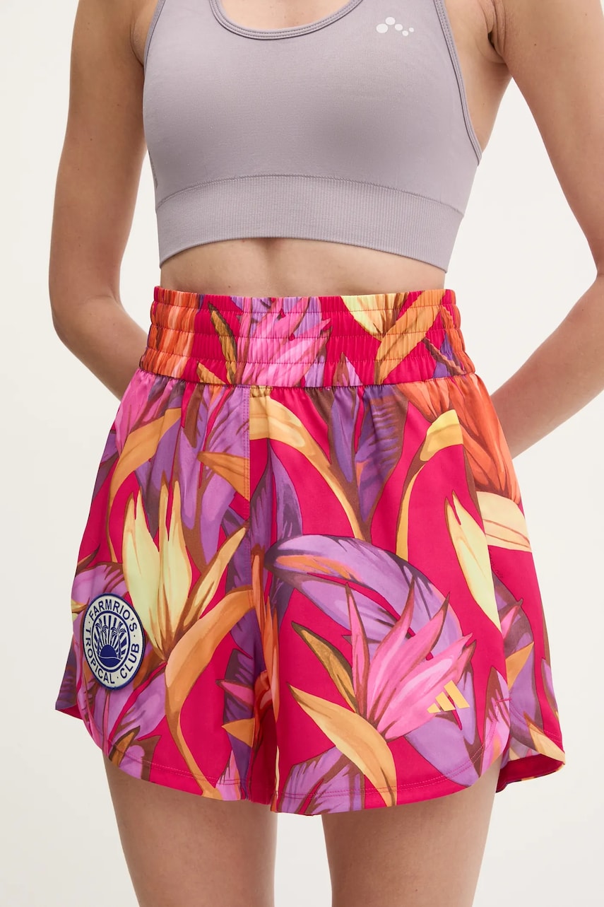 adidas Performance pantaloni scurți de antrenament x Farm Rio culoarea roz, cu imprimeu, high waist, JD6279 adidas Performance pantaloni scurți de antrenament x Farm Rio culoarea roz, cu imprimeu, high waist, JD6279