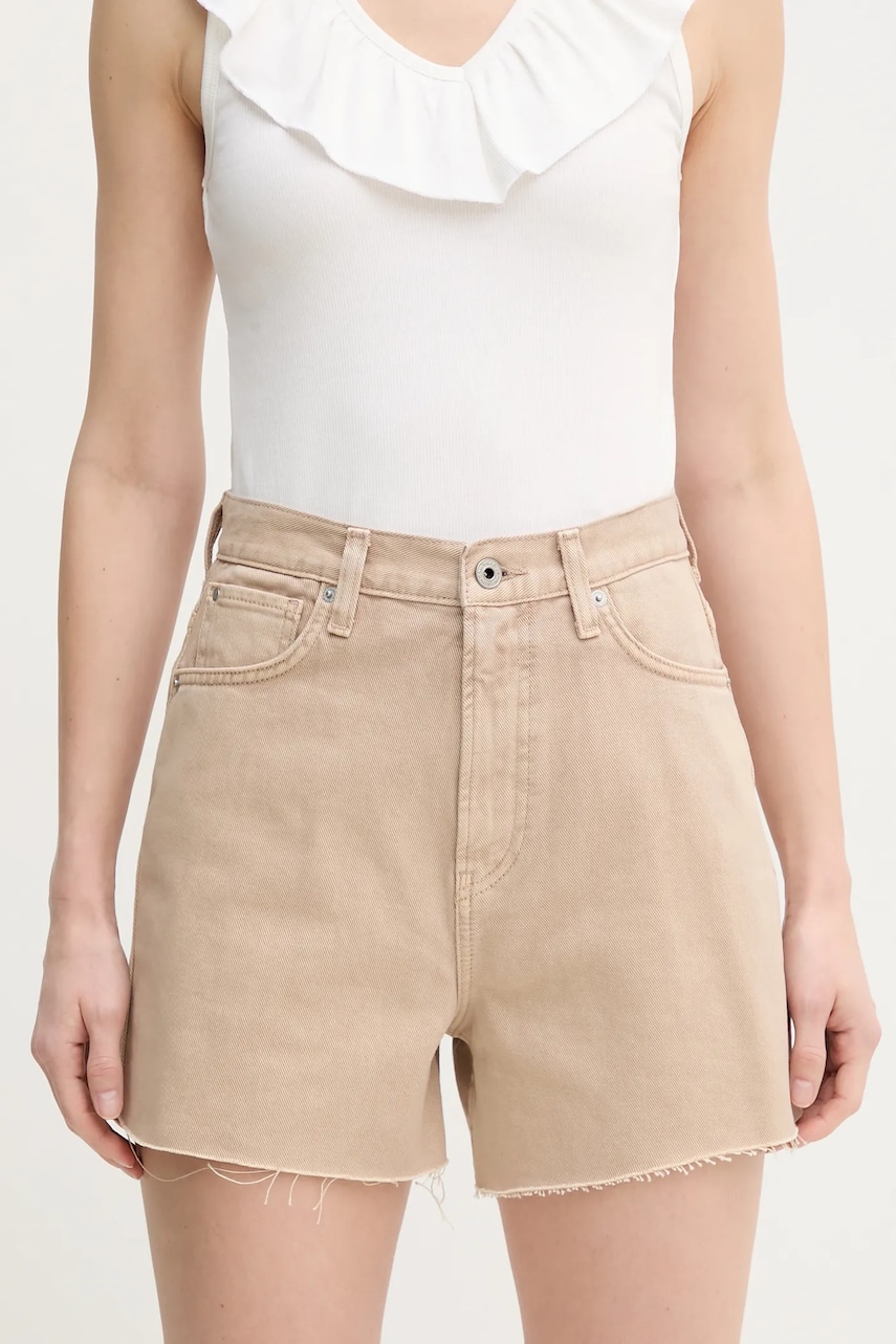 Pepe Jeans pantaloni scurti jeans A-LINE SHORT UHW RACHEL femei, culoarea bej, neted, high waist, PL801112YH9 Pepe Jeans pantaloni scurti jeans A-LINE SHORT UHW RACHEL femei, culoarea bej, neted, high waist, PL801112YH9