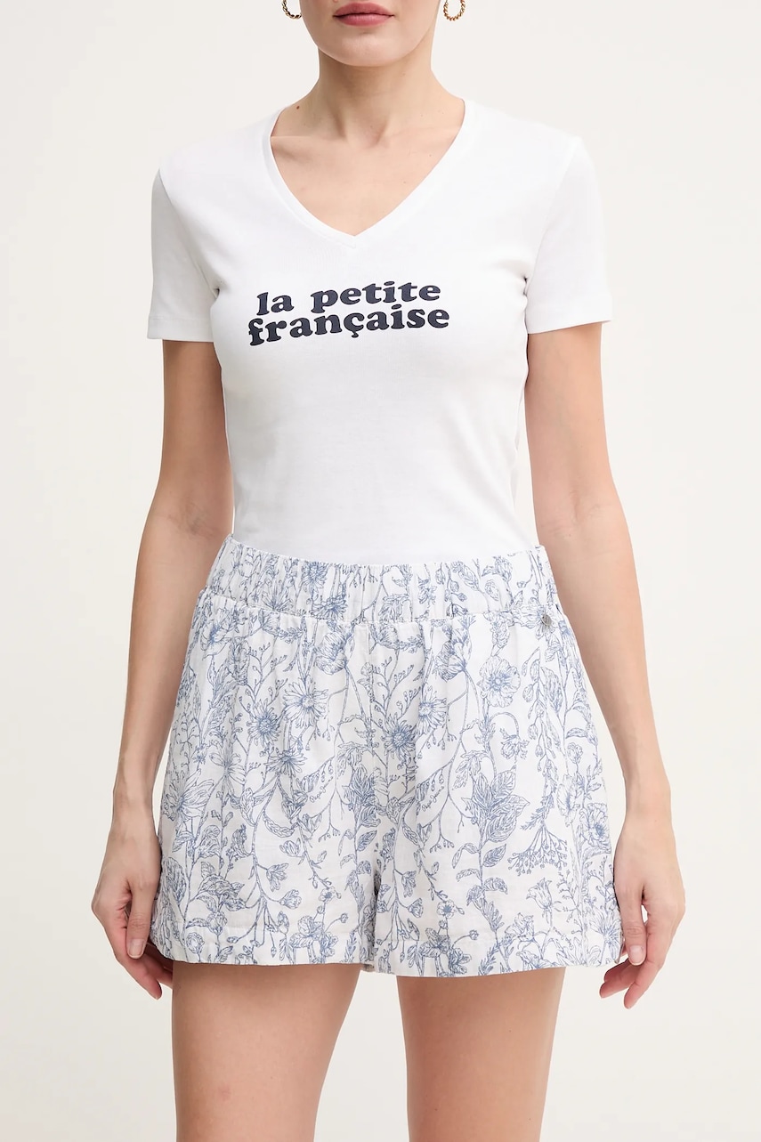 Pepe Jeans pantaloni scurți din in DARCY femei, culoarea alb, cu imprimeu, high waist, PL801157 Pepe Jeans pantaloni scurți din in DARCY femei, culoarea alb, cu imprimeu, high waist, PL801157