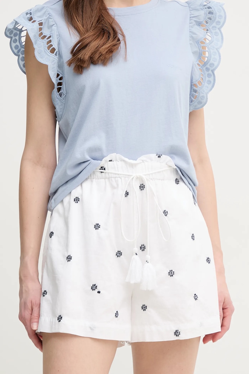 Pepe Jeans pantaloni scurti din bumbac EDNA femei, culoarea alb, cu imprimeu, high waist, PL801159 Pepe Jeans pantaloni scurti din bumbac EDNA femei, culoarea alb, cu imprimeu, high waist, PL801159