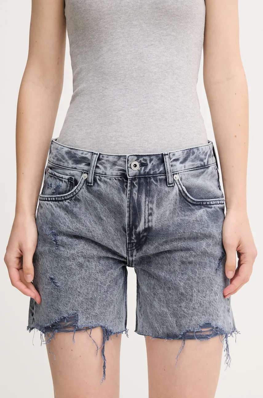 Pepe Jeans pantaloni scurți din bumbac REGULAR SHORT MW DISTRESSED femei, culoarea bleumarin, melanj, medium waist, PL801186UN4