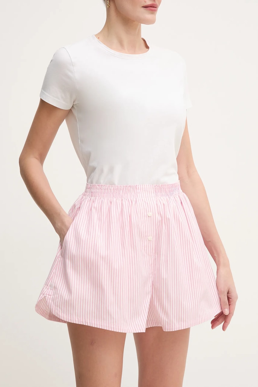 Lacoste pantaloni scurți din bumbac femei, culoarea roz, cu imprimeu, high waist, FF9835 Lacoste pantaloni scurți din bumbac femei, culoarea roz, cu imprimeu, high waist, FF9835