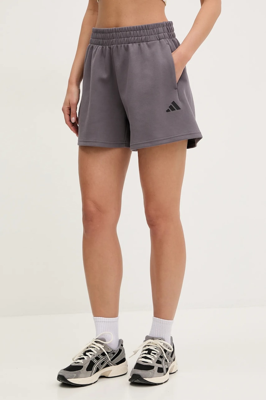 adidas pantaloni scurti Future Icons femei, culoarea gri, neted, high waist, JE3998 adidas pantaloni scurti Future Icons femei, culoarea gri, neted, high waist, JE3998