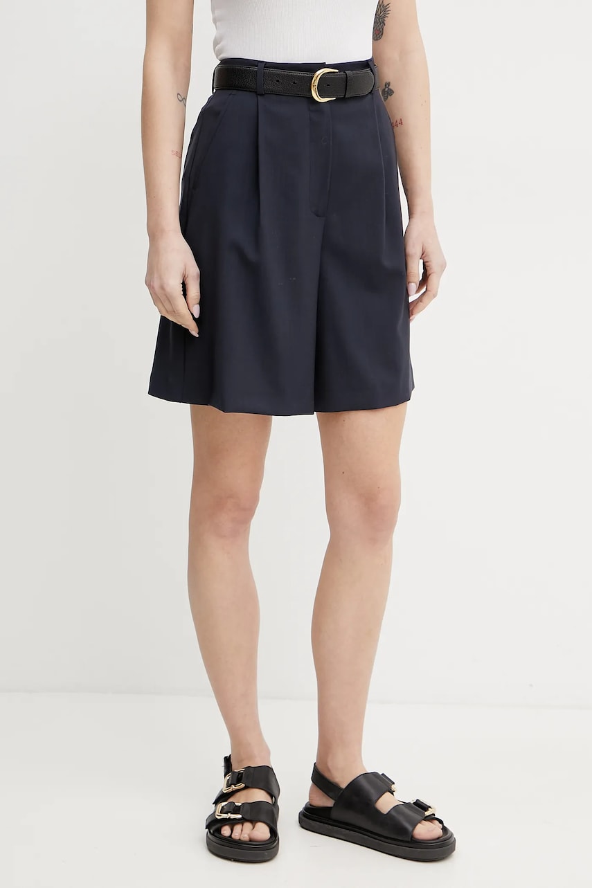 Weekend Max Mara pantaloni scurți din lână femei, culoarea albastru marin, neted, high waist, 2515141011600 Weekend Max Mara pantaloni scurți din lână femei, culoarea albastru marin, neted, high waist, 2515141011600
