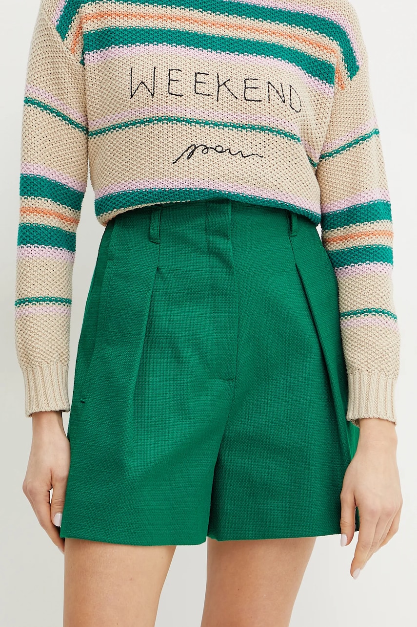 Weekend Max Mara pantaloni scurti din bumbac femei, culoarea verde, neted, high waist, 2515141016600 Weekend Max Mara pantaloni scurti din bumbac femei, culoarea verde, neted, high waist, 2515141016600