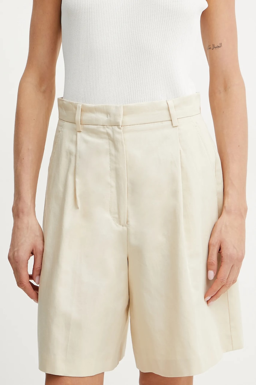 Weekend Max Mara pantaloni scurți din amestec de in femei, culoarea bej, neted, high waist, 2515141032600 Weekend Max Mara pantaloni scurți din amestec de in femei, culoarea bej, neted, high waist, 2515141032600