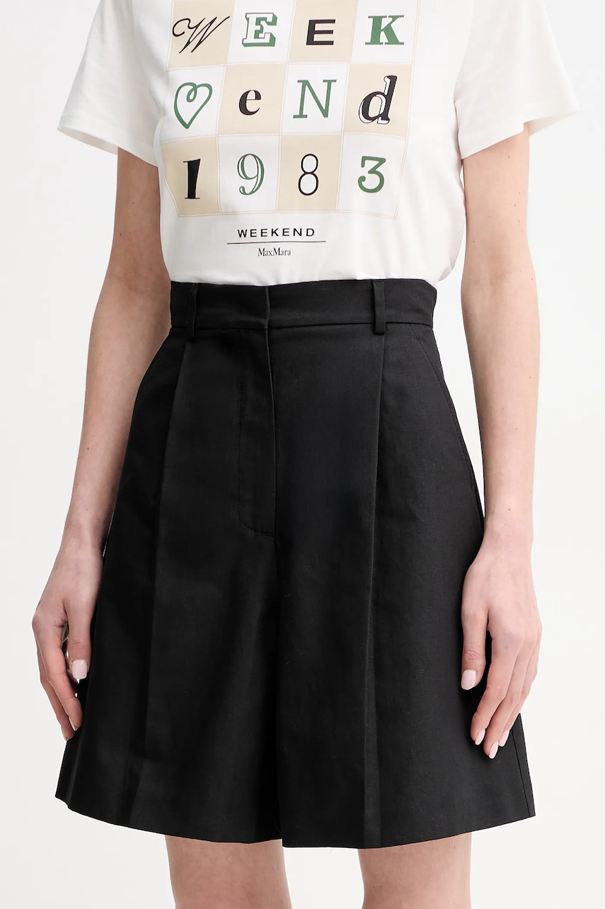 Weekend Max Mara pantaloni scurți din amestec de in femei, culoarea negru, neted, high waist, 2515141032600 Weekend Max Mara pantaloni scurți din amestec de in femei, culoarea negru, neted, high waist, 2515141032600