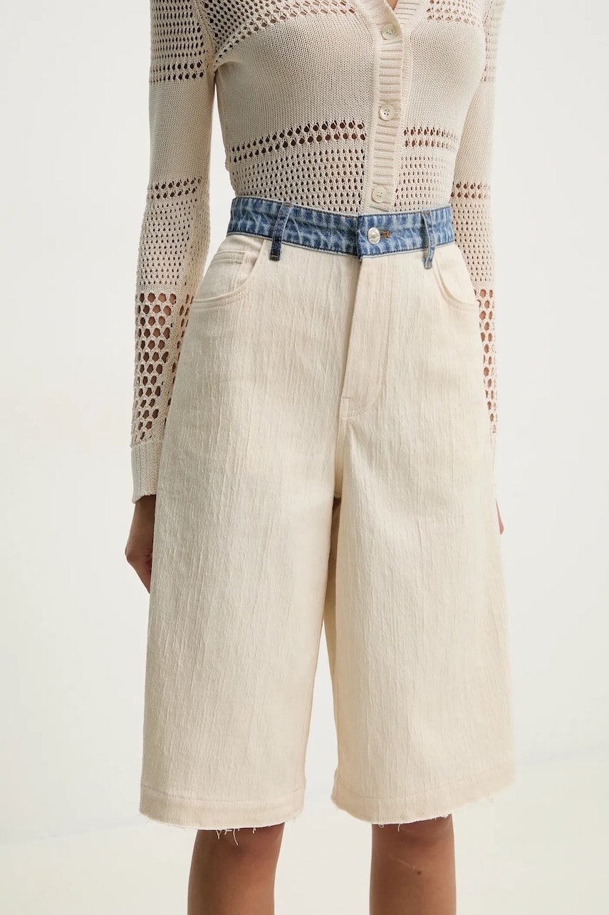 Moschino Jeans pantaloni scurți femei, culoarea bej, uni, high waist, 0345 3717
