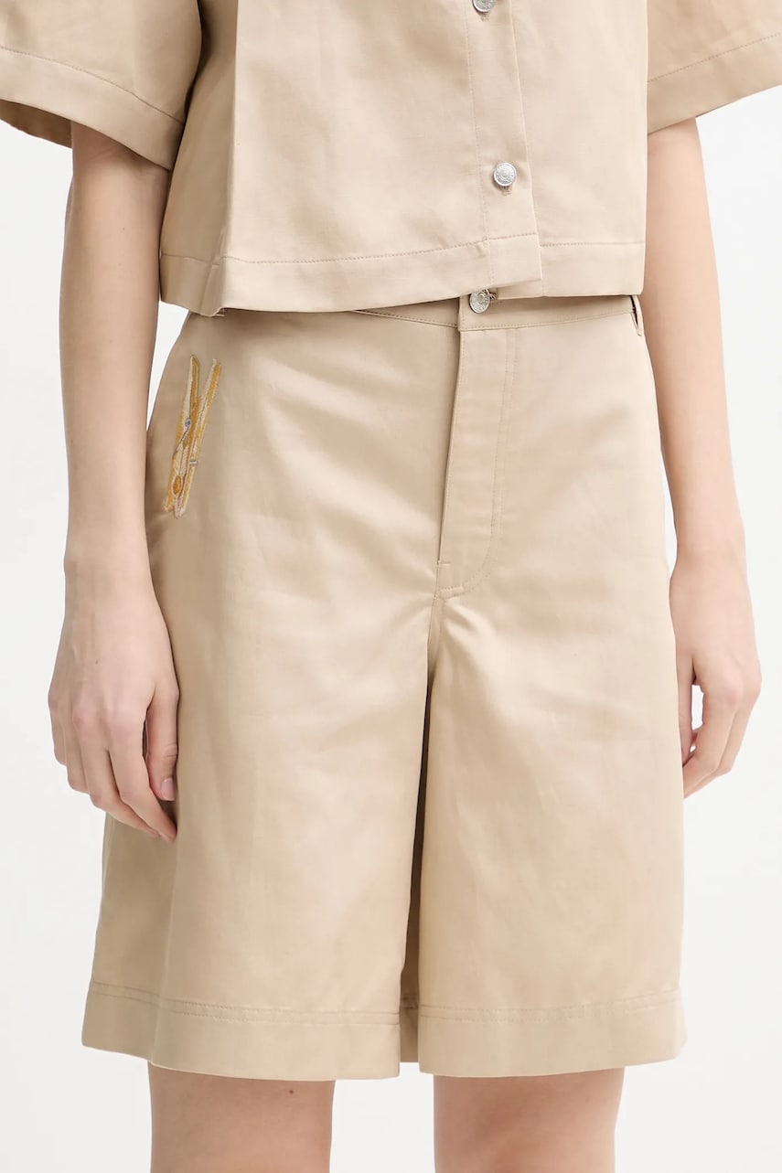 Moschino Jeans pantaloni scurți din amestec de in culoarea bej, cu imprimeu, high waist, 0327 3716 Moschino Jeans pantaloni scurți din amestec de in culoarea bej, cu imprimeu, high waist, 0327 3716