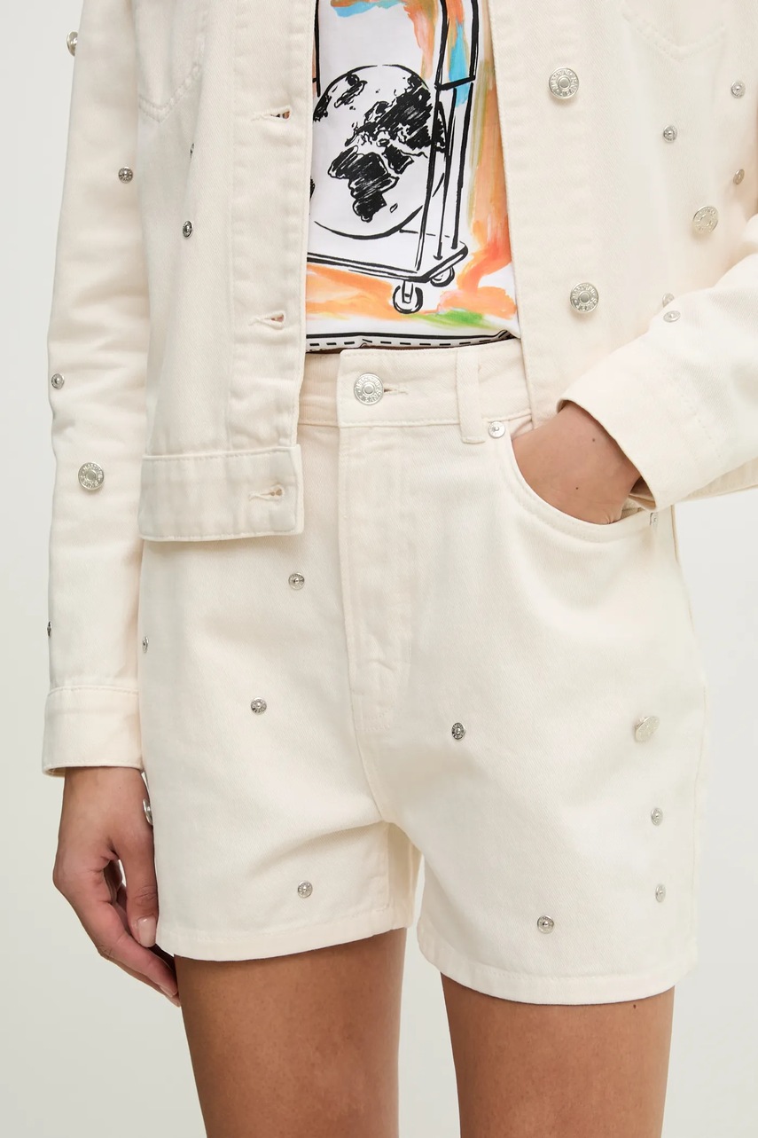 Moschino Jeans pantaloni scurți jeans femei, culoarea bej, uni, high waist, 0347 3718