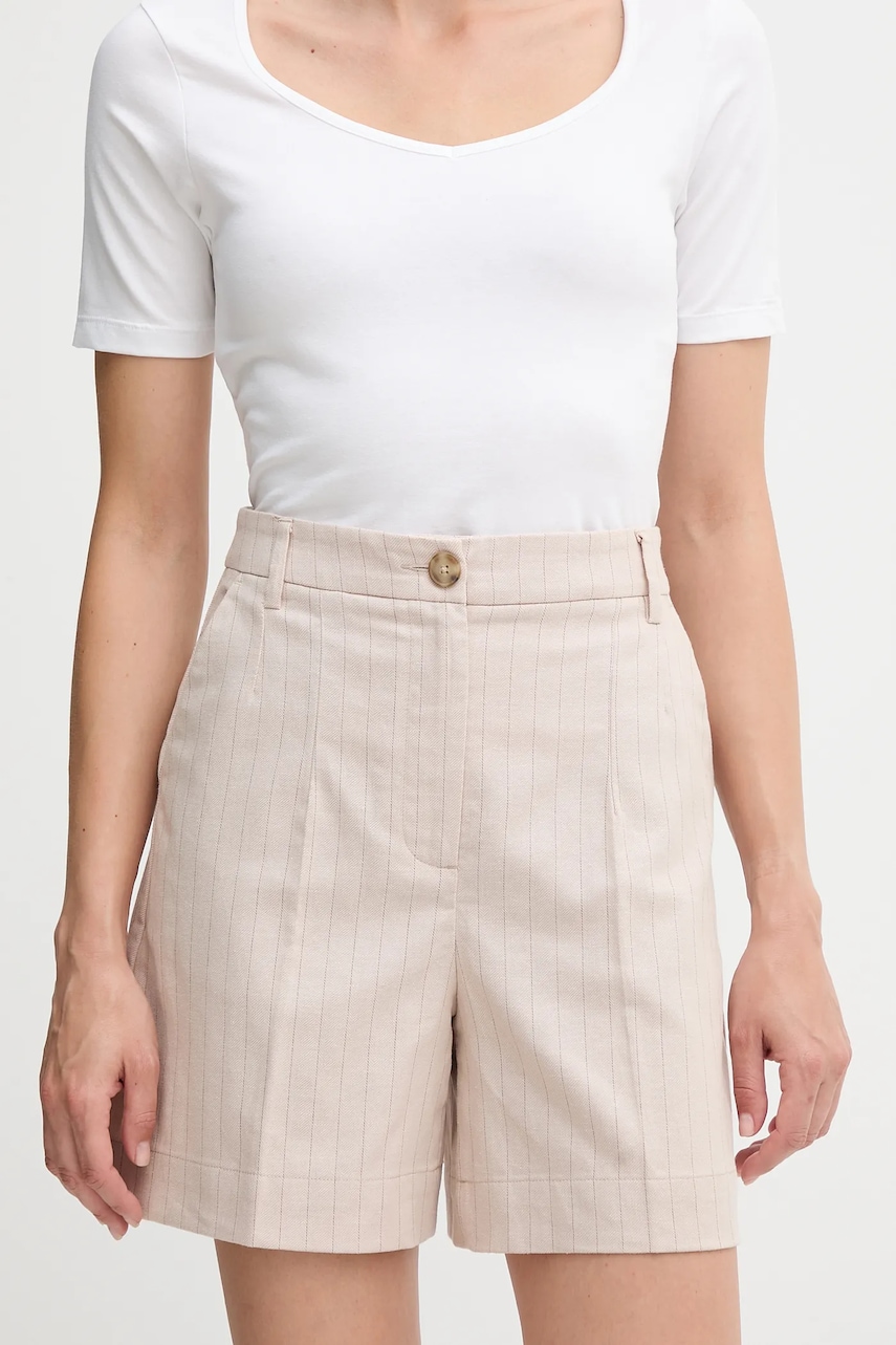 United Colors of Benetton pantaloni scurți din amestec de in culoarea bej, cu imprimeu, high waist, 49KBD901X