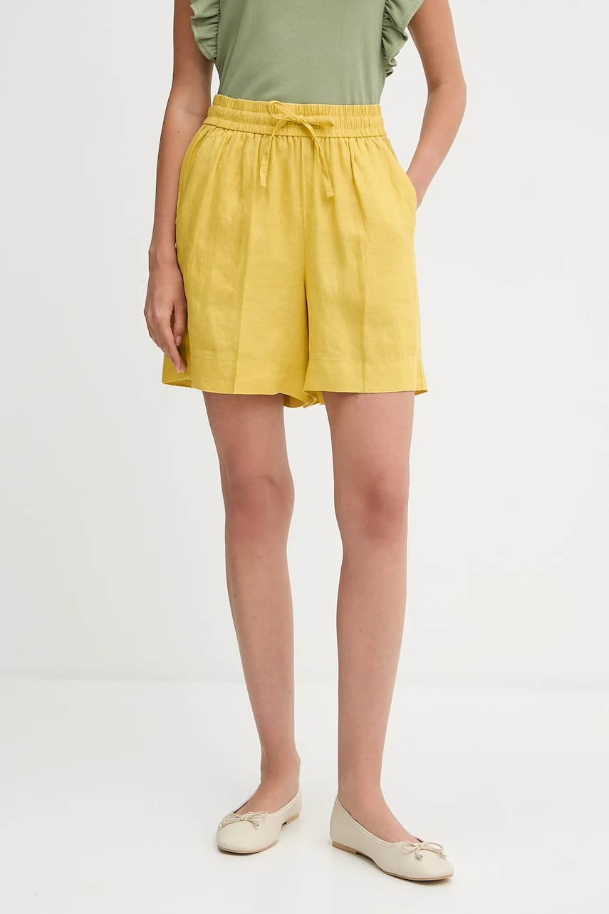 Levně Lněné kraťasy United Colors of Benetton dámské, žlutá barva, high waist, 4AGHD901T