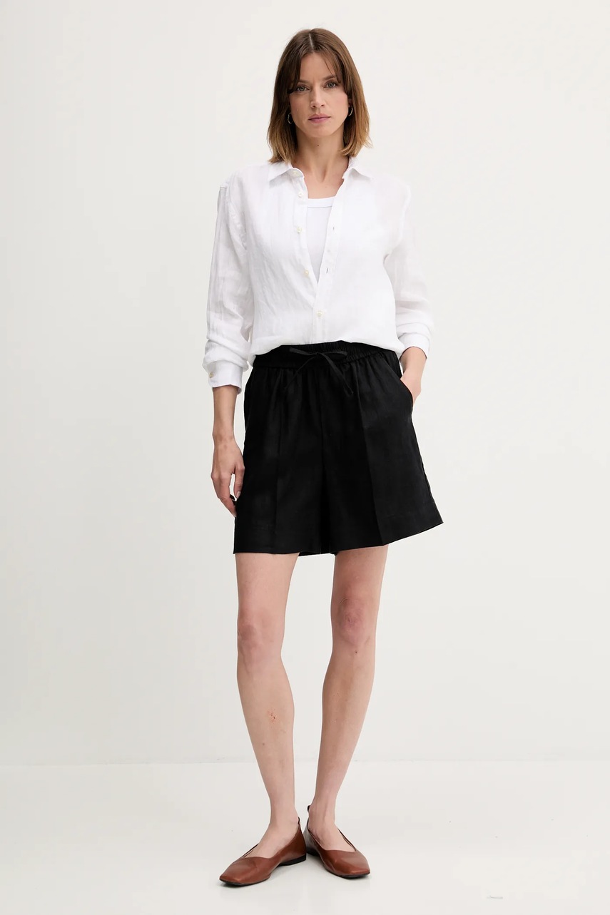 Льняные шорты United Colors of Benetton цвет чёрный однотонные высокая посадка 4AGHD901T