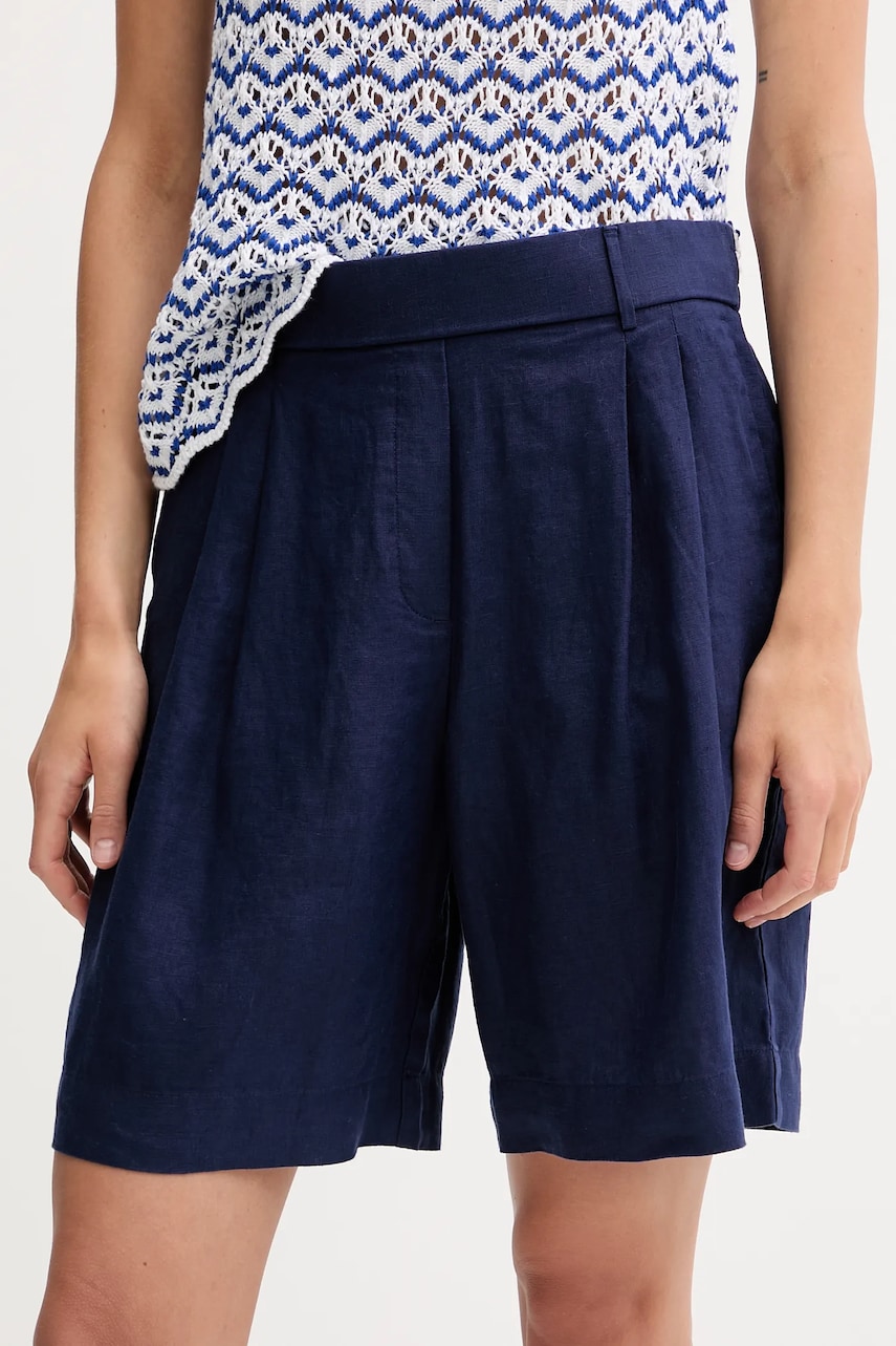 Levně Lněné kraťasy United Colors of Benetton tmavomodrá barva, high waist, 4AGHD901V