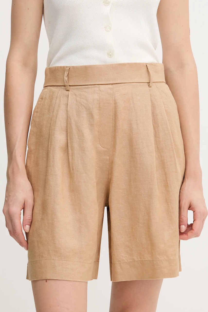 United Colors of Benetton pantaloni scurți din in culoarea bej, uni, high waist, 4AGHD901V
