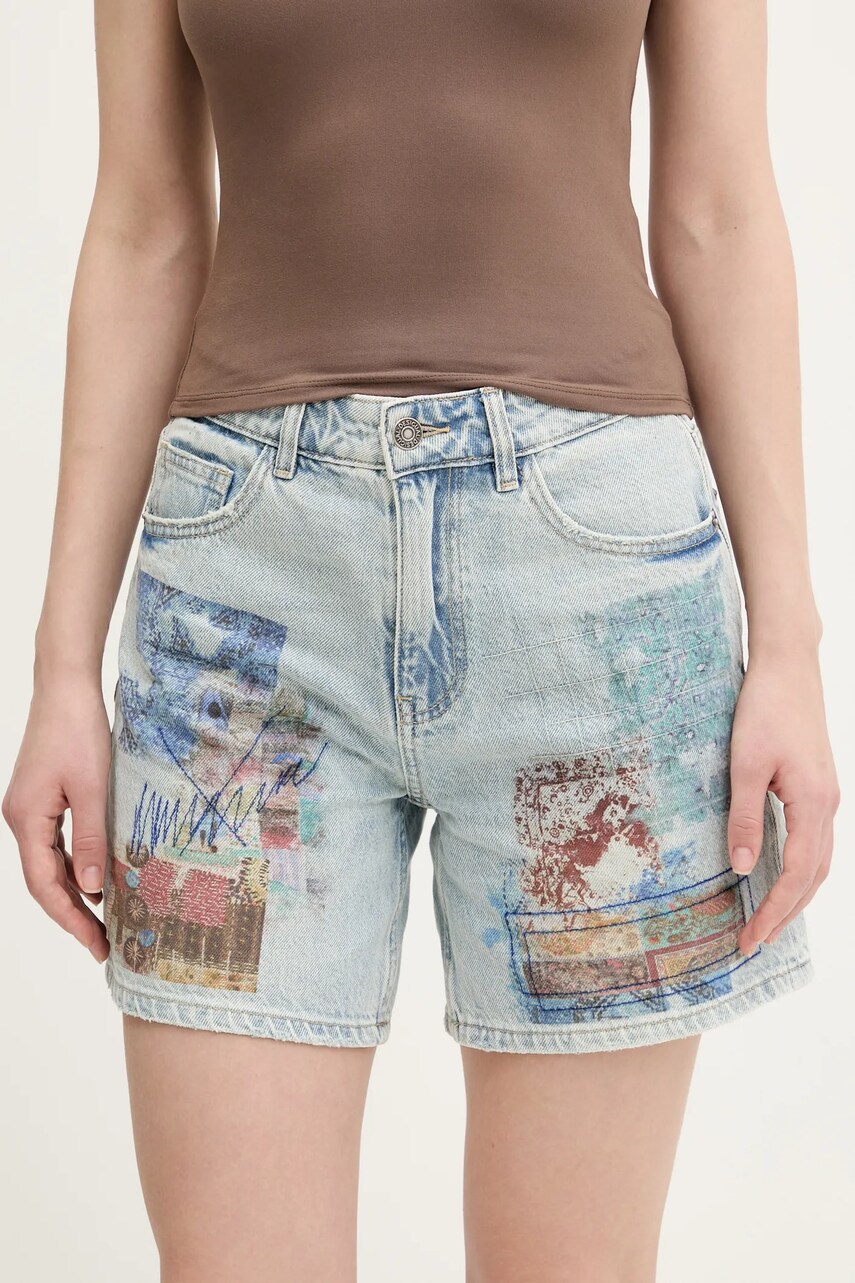 Desigual pantaloni scurti jeans INIDAN femei, cu imprimeu, high waist, 25SWDD24