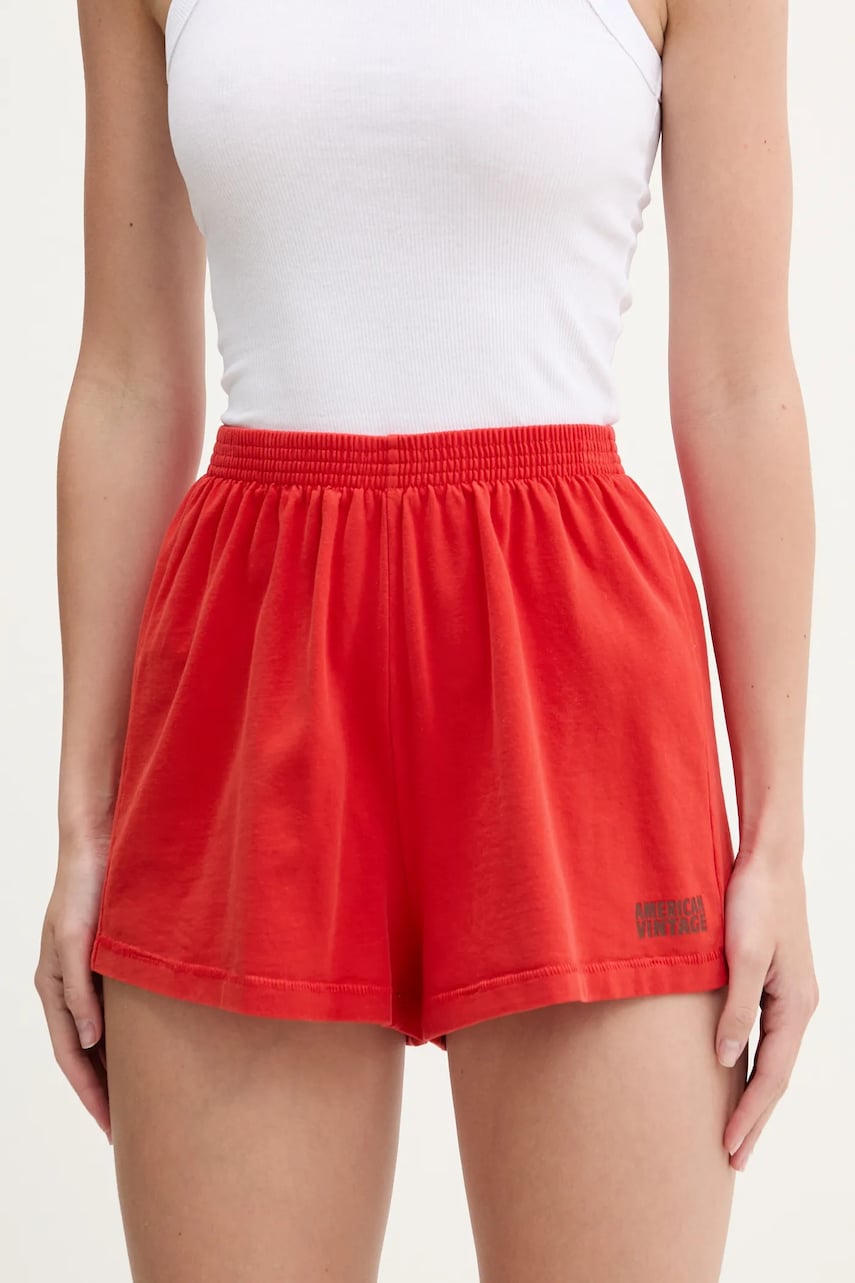 American Vintage pantaloni scurți din bumbac femei, culoarea rosu, uni, medium waist, FAZ09AE25