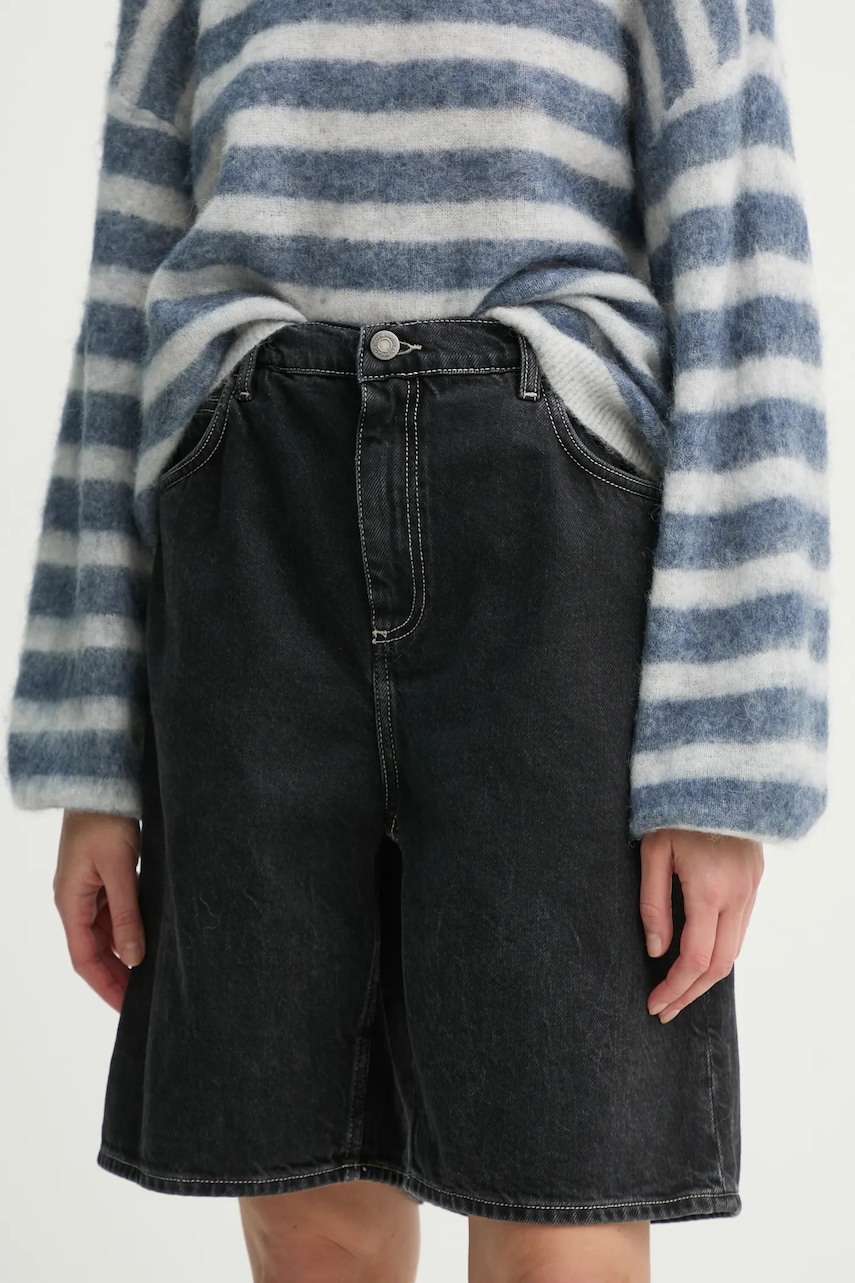 American Vintage pantaloni scurți din denim femei, culoarea negru, uni, high waist, YOP09BE25